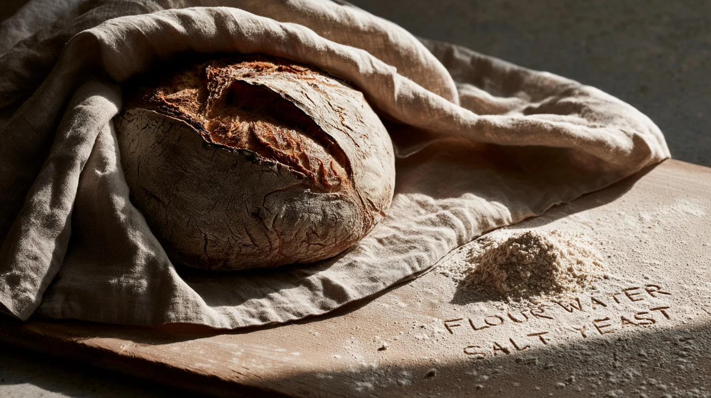 Rustic sourdough loaf on a linen cloth with flour dusting — a naturally minimally processed bread