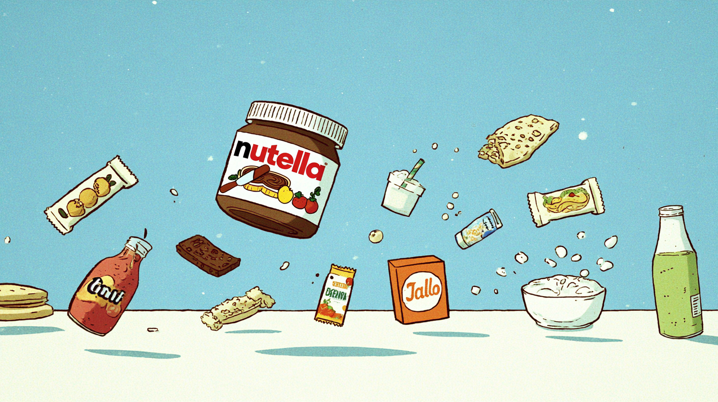 Common breakfast foods including Nutella, cereal, granola bars, and yogurt arranged with smartphone scanning app showing ultra-processed food detection