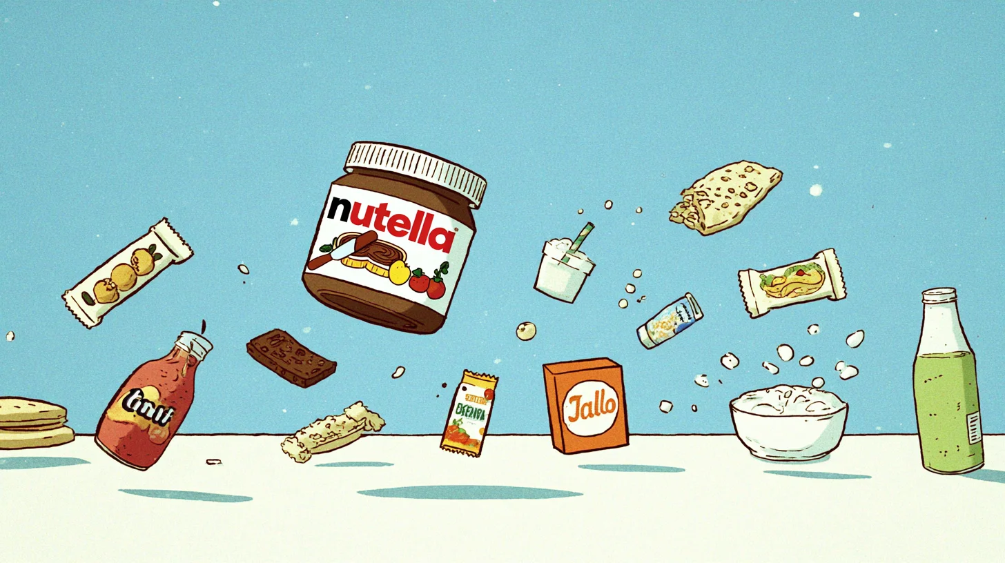 Common breakfast foods including Nutella, cereal, granola bars, and yogurt arranged with smartphone scanning app showing ultra-processed food detection