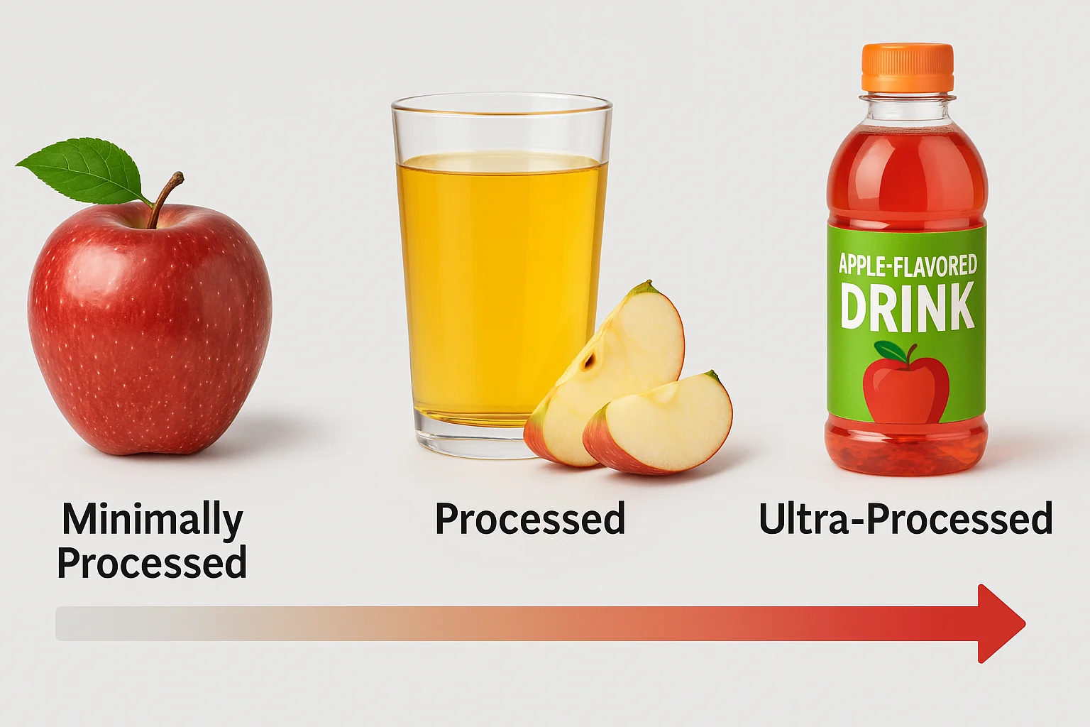 Visual showing spectrum of food processing: from whole apple to apple-flavored drink