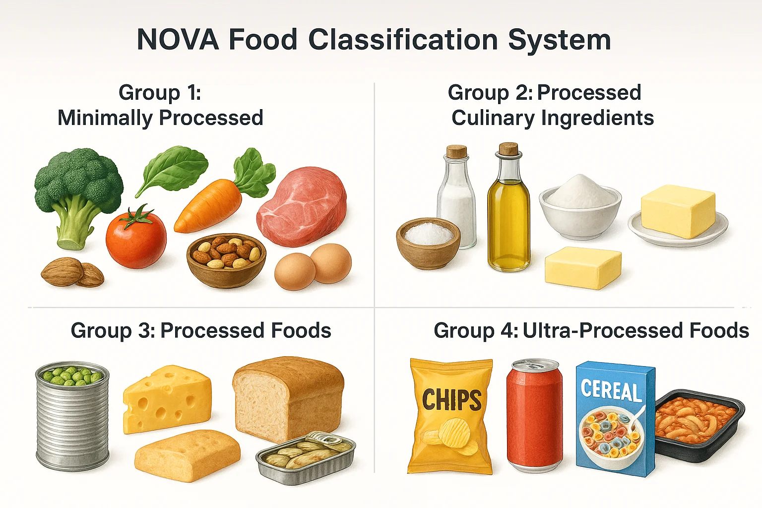NOVA Food Classification System Chart showing all 4 groups