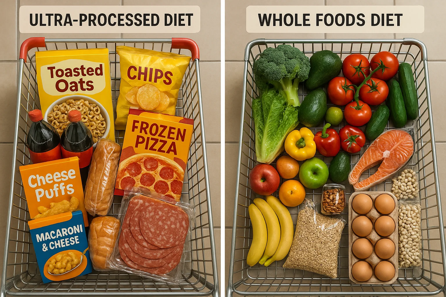 Comparison of shopping cart with ultra-processed foods vs whole foods
