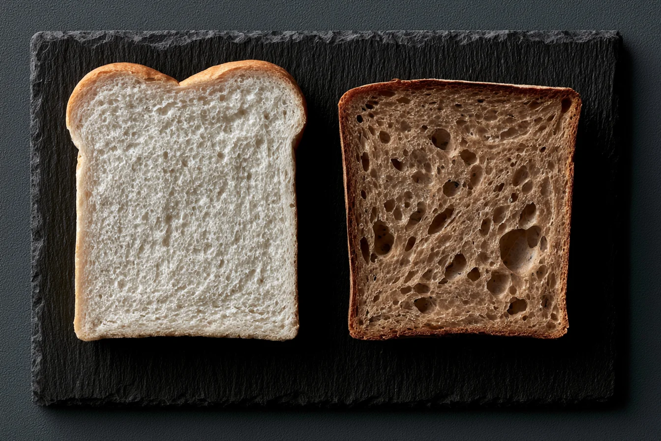 Two slices of bread side by side — soft airy commercial white bread on the left, dense rustic sourdough with open crumb on the right